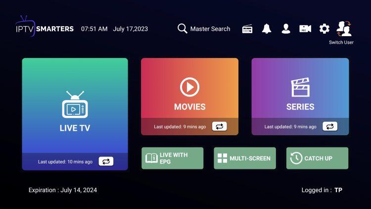 Home dashboard — Live TV, Movies and Series